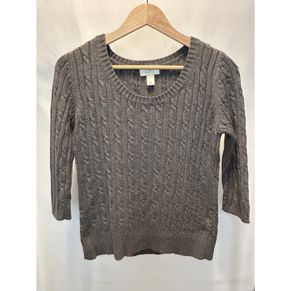Ann Taylor LOFT Sweater Womens M Gray Excellent Cable Knit Scoop Neck 3/4 Sleeve
